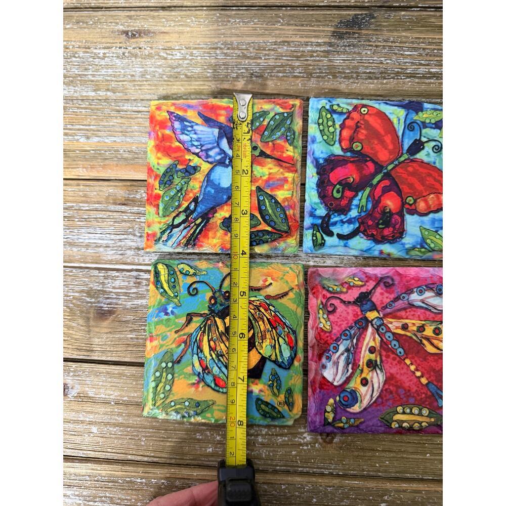 Handpainted Art Coaster Set Folk Art Hummingbird Bee Butterfly Boho Colorful - Picture 4 of 5